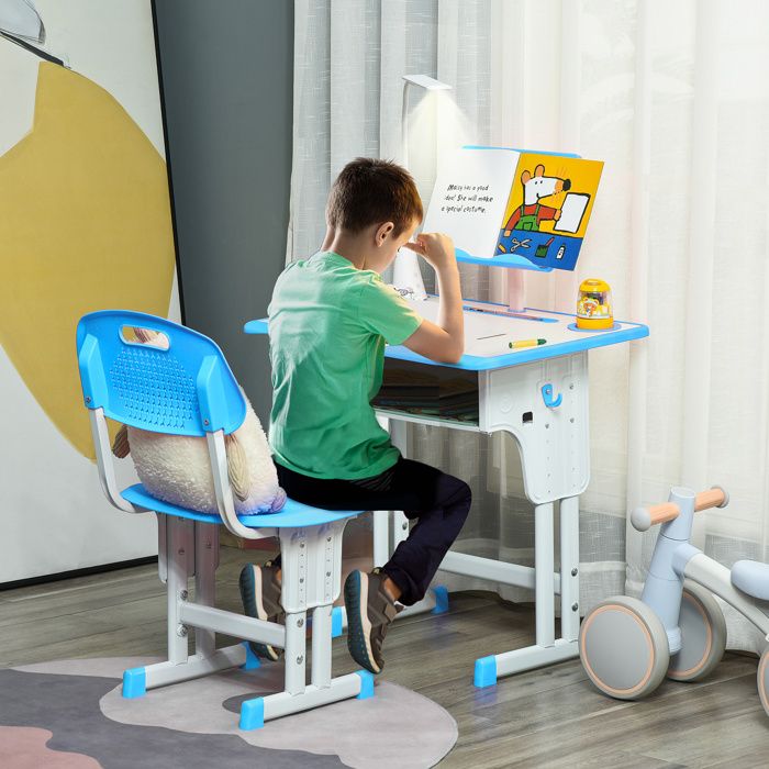 Bureau décolier avec chaise réglable en hauteur et lampe enfants 6-12 ans acier et MDF gris
