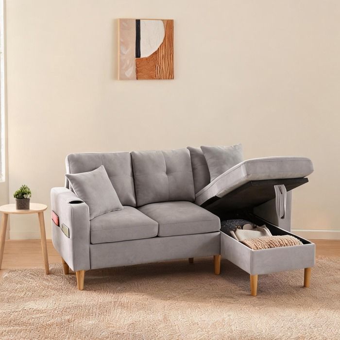 Canapé dangle 3 places en lin coton cool gray réversible avec chaise longue porte-gobelets et rangement intégré pour salon