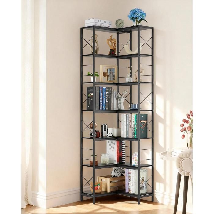 Etagère angle métal industriel 7 niveaux pieds réglables kit anti-dérapant noir salon bureau