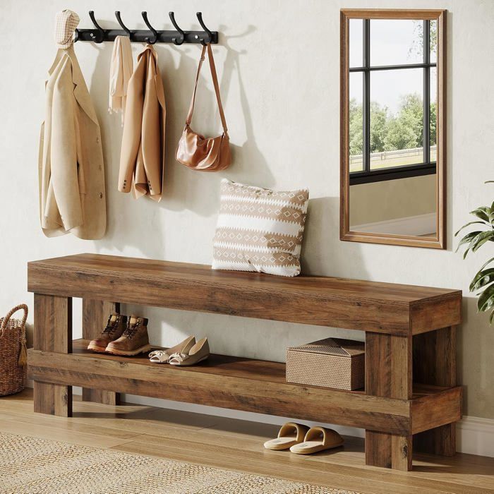 Banc dentrée - LITTLE TREE - 150×30×50 cm - 2 niveaux - étagère ouverte - Marron Rustique