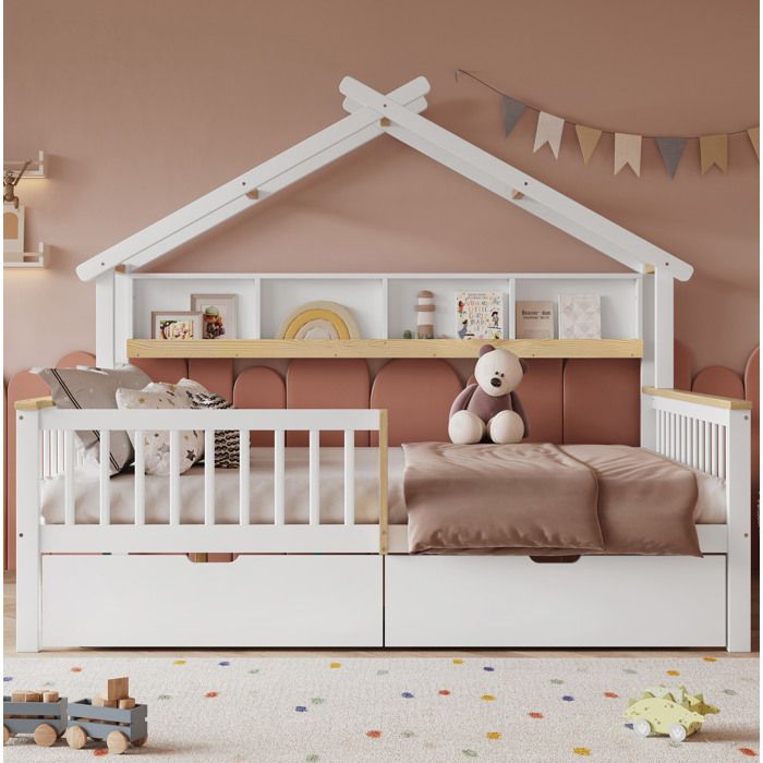 Lit cabane enfant 140 x 200 cm avec barrières 2 tiroirs sur roulettes étagère intégrée pin et MDF blanc et naturel VEVXYN