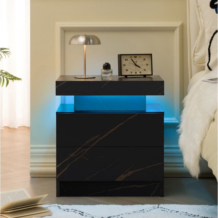 Table de chevet LED 2 tiroirs noir et doré meuble de rangement moderne pour chambre et salon en bois dingénierie ORVRYN