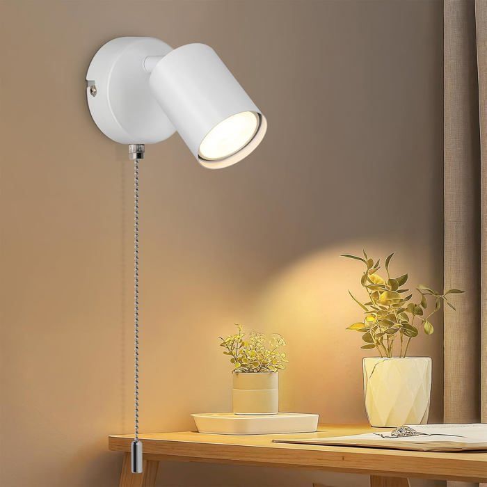Applique murale LED GU10 blanche en métal - tête pivotante 350° avec interrupteur à tirette idéale chambre ou couloir