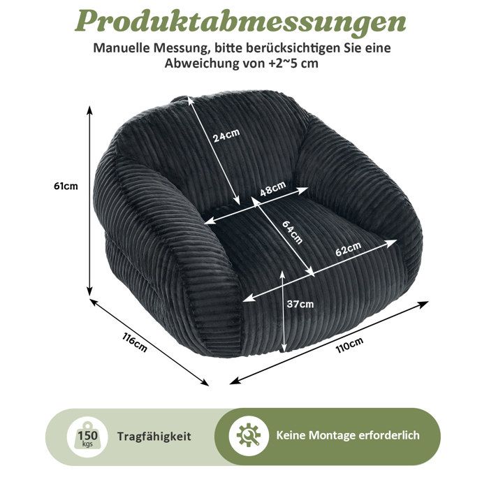 Fauteuil lounge adulte en corduroy gris foncé siège moelleux livré monté intérieur relaxation TYNQER
