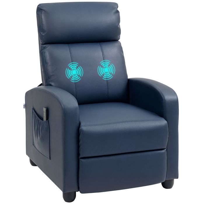Fauteuil massant inclinable avec repose-pieds et télécommande revêtement PU fauteuil relax bleu foncé