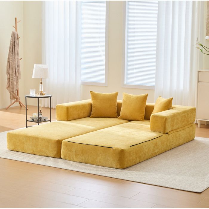 Canapé Modulaire 2 Places Convertible avec Poches Latérales et Base Antidérapante en Chenille Jaune Moutarde