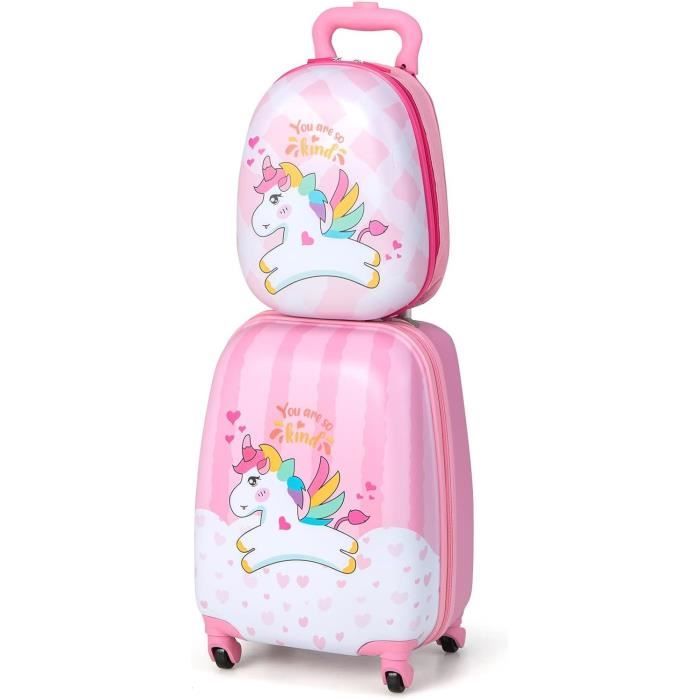 giantex valise d’enfant télescopique 16 pouces avec sac à dos, supplémentaire valise à roulette pour voyage,école,camping, rosé