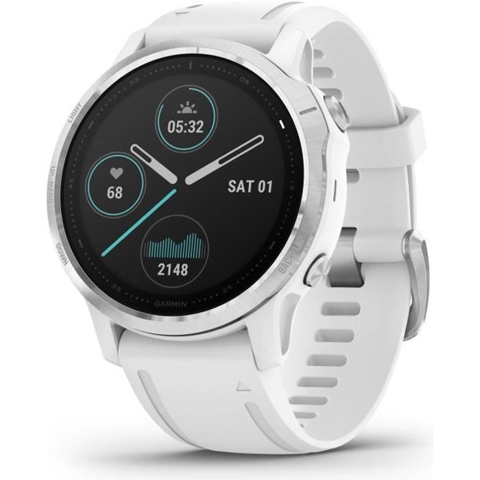 GARMIN Fenix 6S - Montre connectée GPS Multi-sports & Santé - Haut de Gamme - Garmin Pay - Silver bracelet blanc - Cadran 42 mm