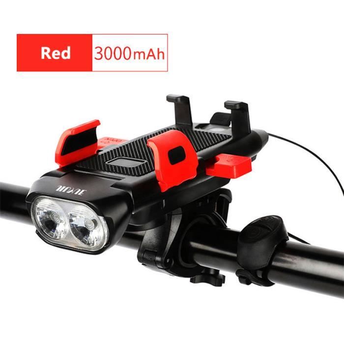 3000mAh Rouge - Enquêter avant de vélo 4 en 1, support de téléphone USB, klaxon de vélo, lampe de poche VTT,