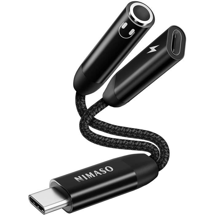 NIMASO Adaptateur USB C Jack 3,5mm, 2 in 1 Adaptateur Jack USB Type C Audio PD 60W Charge Rapide
