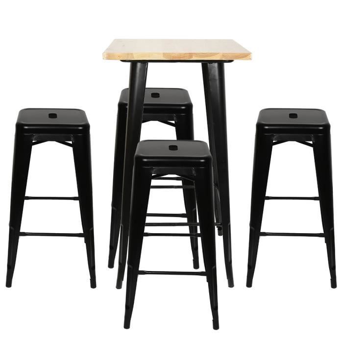 Ensemble table haute à manger pour jardin Chene + 4 chaises en fer noir bistro - YOULUOLI
