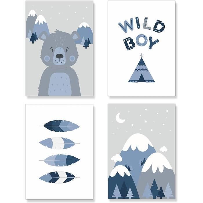 4 Affiche Decoration Murale Decoration Chambre Bebe Garcon Tente Tipi Plumes Bleu Papier Epais Format 697 Cdiscount Maison