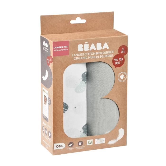 BEABA Lot de 2 langes bébé en mousseline de coton biologique, multi-usages, ultra doux et respirant,