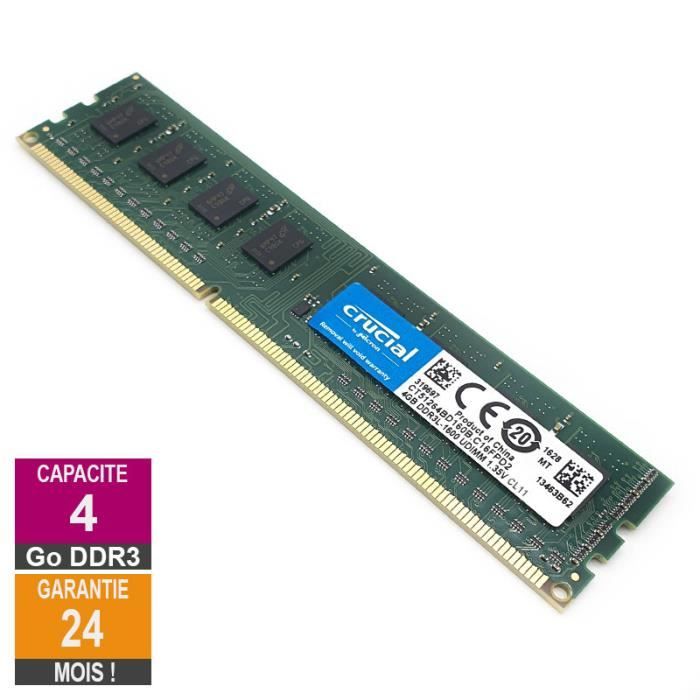 Barrette Mémoire 4Go RAM DDR3 Crucial CT51264BD160B.C16FPD2 DIMM PC3L ...