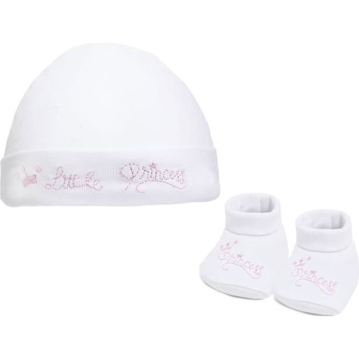 Ensemble de naissance bonnet et chaussons pour bébé fille blanc little princess