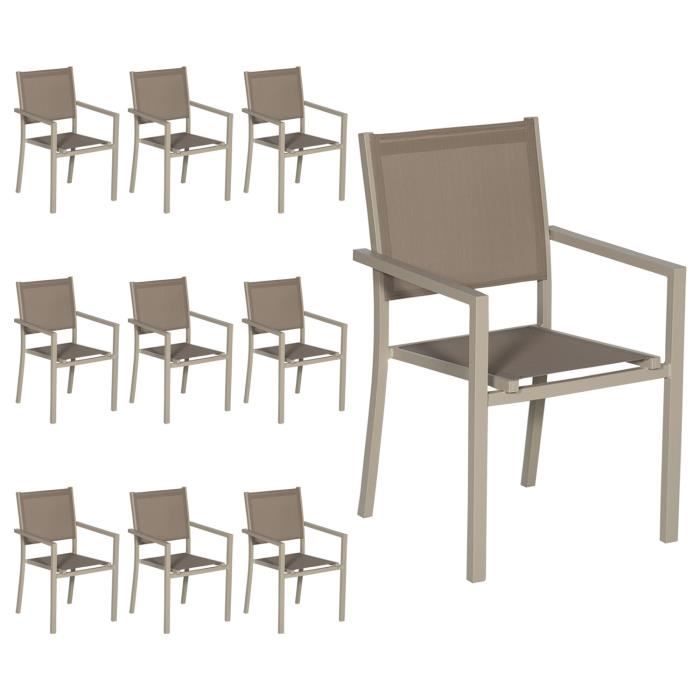 Lot de 10 chaises en aluminium taupe - textilène taupe Marron