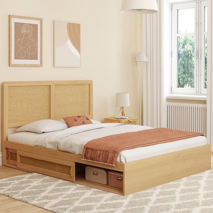IDMARKET Lit double EDHEN avec rangements + tête de lit effet cannage naturel et sommier 140 x 190 cm coloris bois IDMARKET Lit double EDHEN avec rangements + tête de lit effet cannage naturel et sommier 140 x 190 cm coloris bois