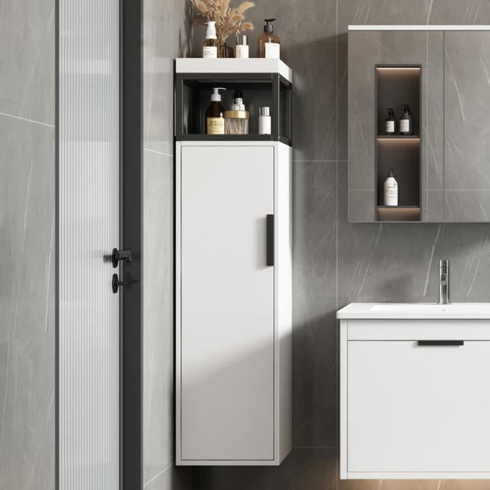 meuble de salle de bain, colonne salle de bain avec compartiments de rangement, étagères réglables, 30 x 30 x 120cm,blanc+noir