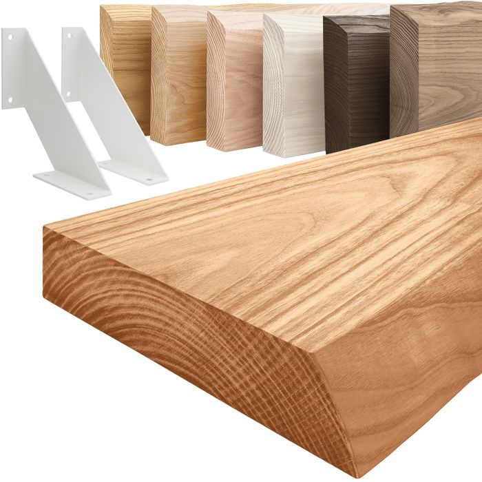 LAMO Manufaktur Étagère murale avec supports en V blancs Etagere murale 60 cm Couleur: foncé Bord: naturel LAMO Manufaktur Étagère murale avec supports en V blancs Etagere murale 60 cm Couleur: foncé Bord: naturel