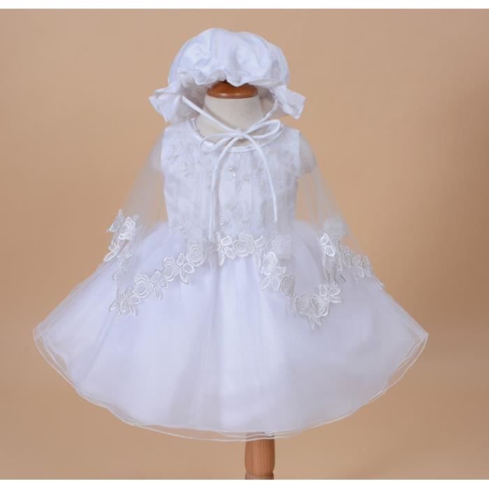 Robe de Baptme fille Mariage Fête avec Bonnet pour bébé