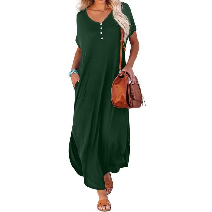 Robe Longue Femme Robe D't Dcontracte  Manches Courtes Et Col En V ...