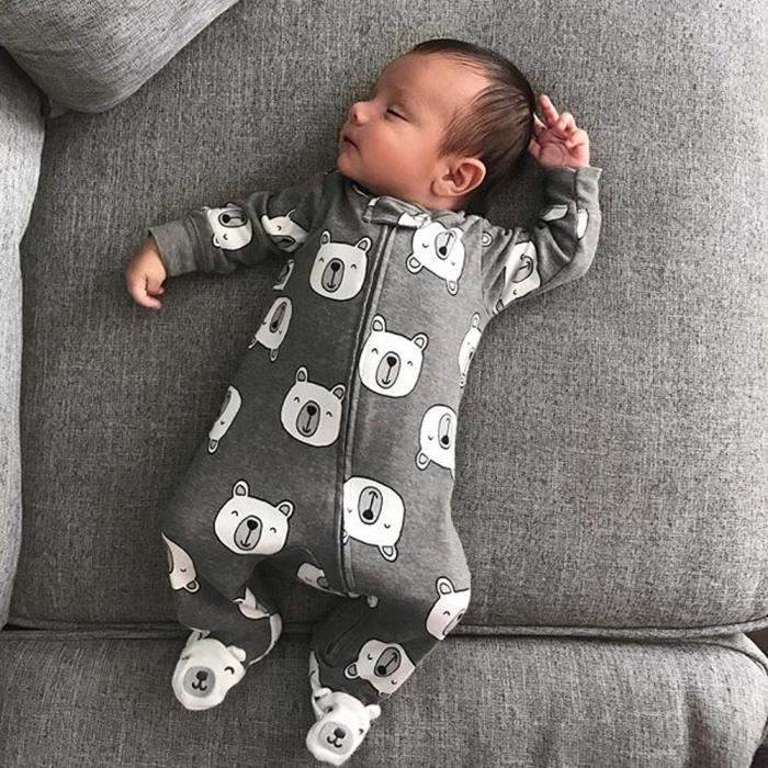 Owlivia Pyjama à manches longues en coton bio pour bébé garçon et fille avec fermeture éclair sur le devant pour dormir et jouer