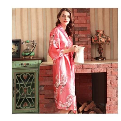 Pyjamas pour femmes Robe longue en Satin Style japonais paon