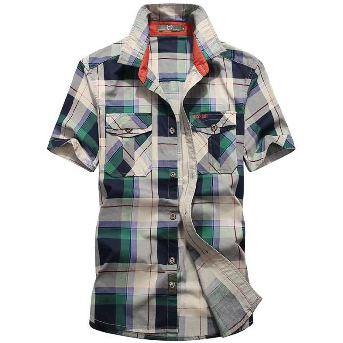 Chemise à Carreaux Homme Manches Courtes - Coupe Slim Fit, Col Revers, Décontractée Et Confortable Pour Le Quotidien Ou Le Travail