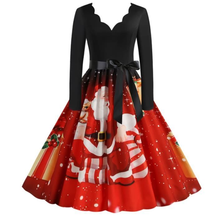 Robe de No?�l pour Femmes - Marque - Imprim?� Cerf - Patchwork - Manches Longues - Taille Haute 