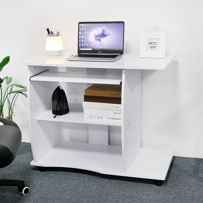 bureau informatique oobest - table d’ordinateur à roulettes - 90 x 50 x 75 cm - blanc