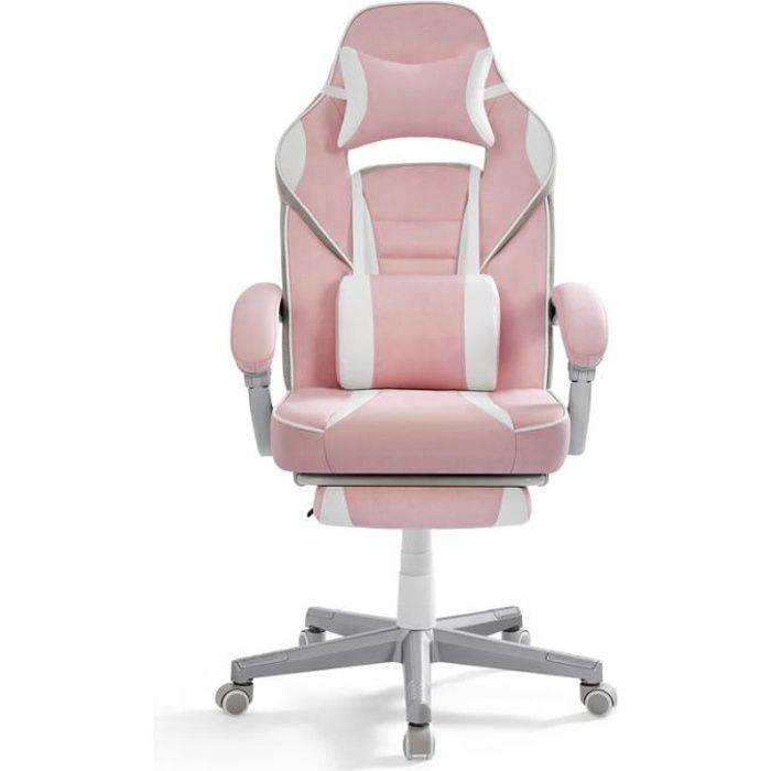 Fauteuil de bureau repose-pieds t&eacute;lescopique rose bonbon et blanc
