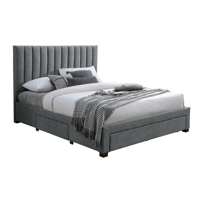 Lit avec 3 tiroirs 160 x 200 cm - Tissu - Gris - LIAKO