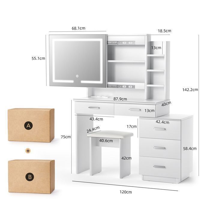Coiffeuse Avec Miroir Éclairé LED - Bureau Maquillage 5 Tiroirs, Tabouret Inclus - Blanc, 90x36x132 Cm - Pour Chambre, Dressing