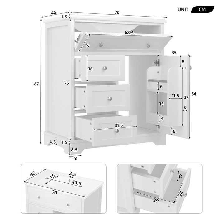 Meuble salle de bain 76x46x87cm vasque céramique avec 3 tiroirs Blanc