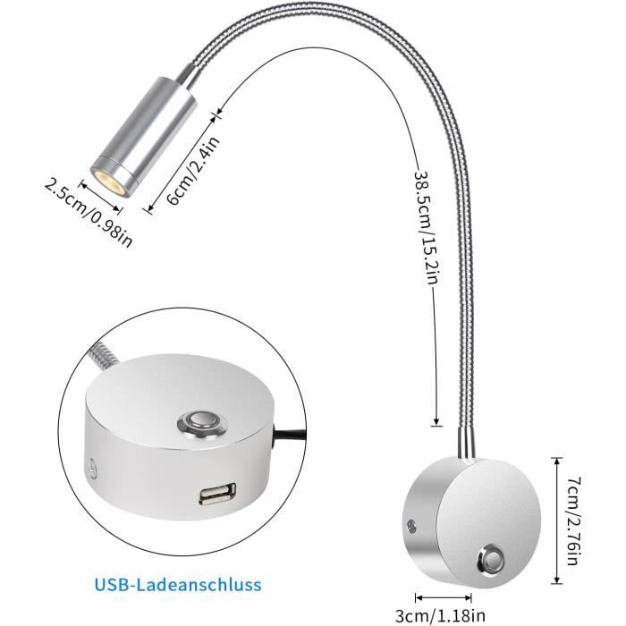 Lampe de Lecture à LED 8W avec Câble et Prise, Applique Murale Lampe de  Chevet avec Interrupteur Tactile et port USB, Applique (H) - Cdiscount  Maison