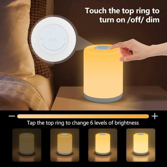 Veilleuse LED Salipt Avec 4 Ports USB - Lampe Tactile 8 Couleurs, Minuterie - Pour Chambre, Bébé, Salon