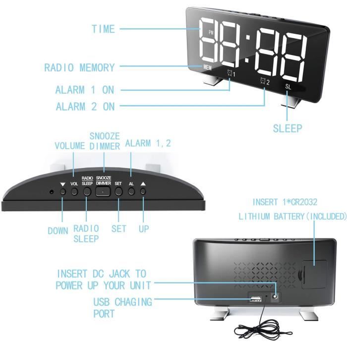 Horloge De Bureau LED Miroir RGB Dynamique ThreeH - Réveil USB, 6 Niveaux Luminosité, Blanc