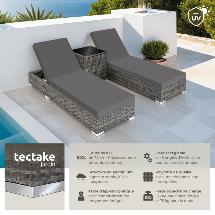 Transat De Jardin Avec Coussin Gris Et Table - Acajou Pliable - Neuf Monté