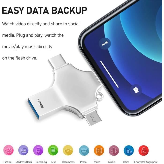 EOZNOE Clé USB 128 Go pour iPhone, 3 en 1 Mémoire Stockage Externe No APP pour enregistrer des Photos et des vidéos,Clef USB Compatible avec iPhone/ iPad/Android/PC/Mac