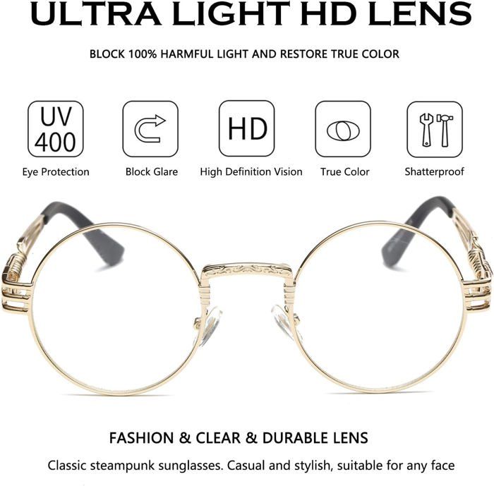Lunettes De Soleil Rondes Steampunk - Cadre Métal - Verres UV400 - Style Rétro Vintage - 9