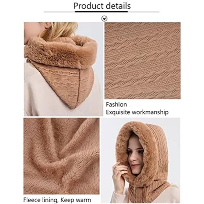 Cagoule Hiver Femme BSITSSS - Bonnet Écharpe Intégré Avec Cordon - Chaud Et Élastique - Sport, Ski, Ville