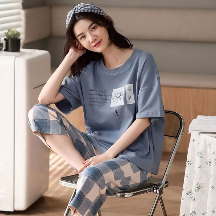 Pyjama Pyjama d ete en coton pour femmes ensemble deux pieces a manches courtes short ample grande taille E917595724 Blanc Cdiscount Pret a Porter