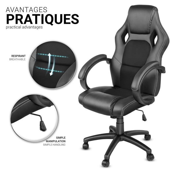 TRESKO Chaise de bureau, Fauteuil de bureau RACING SPORT GAMER Noir - Noir  Rembourrage Épais - Hauteur Réglable - Cdiscount Maison