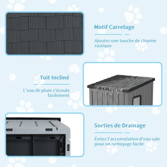 Maison Pour Chat D'Intérieur Extérieur COSTWAY, Porte D'Entrée Basculante, Plancher Surélevé, Abri Imperméable Pour Chiots, Gris