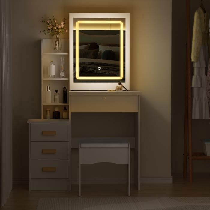 Coiffeuse Maquillage Avec Miroir Lumineux HD 91,4 Cm - 122 Cm De Large - 5 Tiroirs - Plateau Verre - Bleu Marine