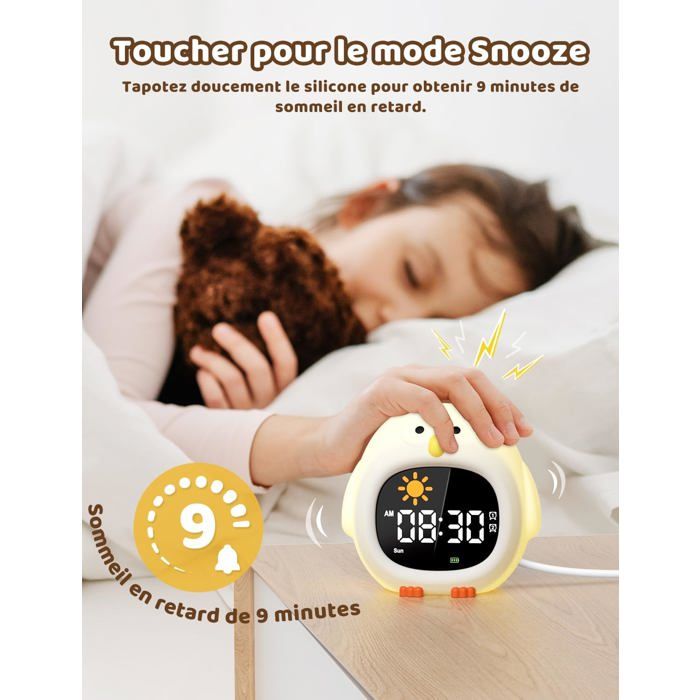 PIXESTT Reveil Enfant, Reveil Enfant Educatif Jour/Nuit IdéAl Pour êTre à L'Heure à L'ÉCole, Sans Bruit De Tic-Tac Avec Fonction Snooze Et Veilleuse, Livré Avec 5 Adorables DéCorations De RéVeil Vert