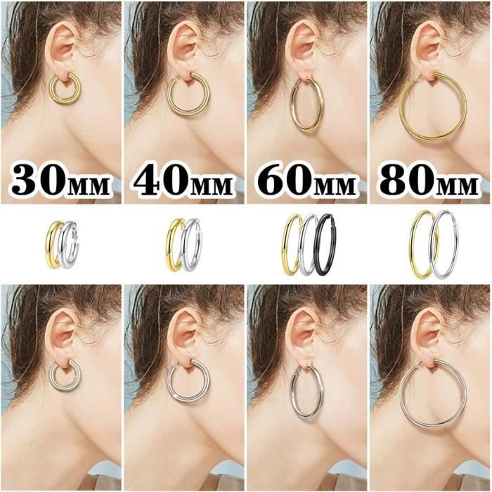 PROSTEEL Créoles Femme Acier Inox 30/40/60/80 Mm – Anneaux Épais Plaqué Or/Noir/Argent Style 90s