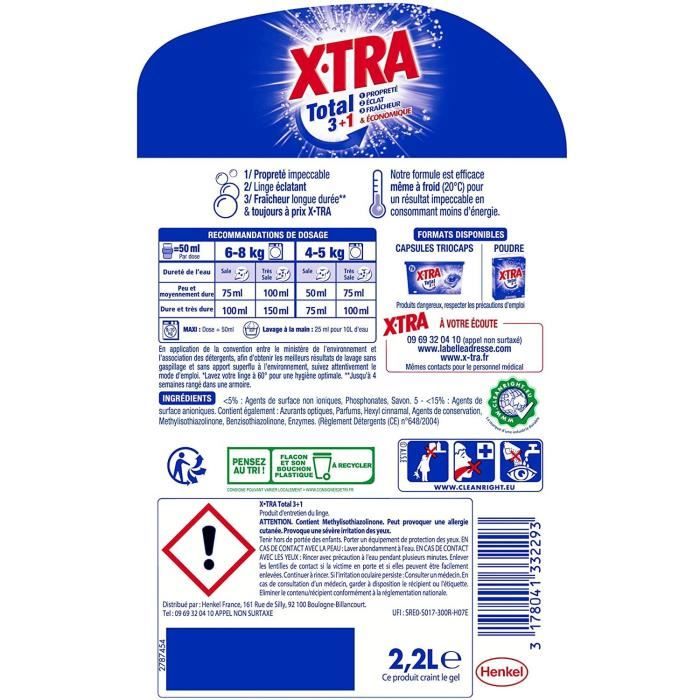 X•TRA Total 3+1 – 80 Lavages (4L) – Lessive Liquide Universelle – Linge  Blanc et Couleurs – Propreté du linge