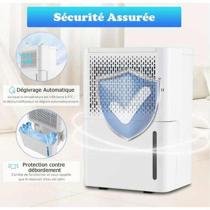 Déshumidificateur silencieux de 12 l à faible consommation avec capteur d'humidité tuyau de