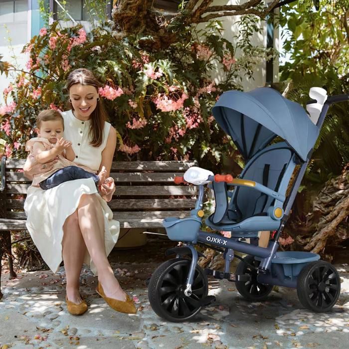 OHMG Tricycle évolutif 5-en-1 Pour Bébé – Poussette Vélo Avec Poignée Directionnelle, Auvent, Ceinture 5 Points, Frein Et Rangements – Dès 1 An Jusqu'à 5 Ans